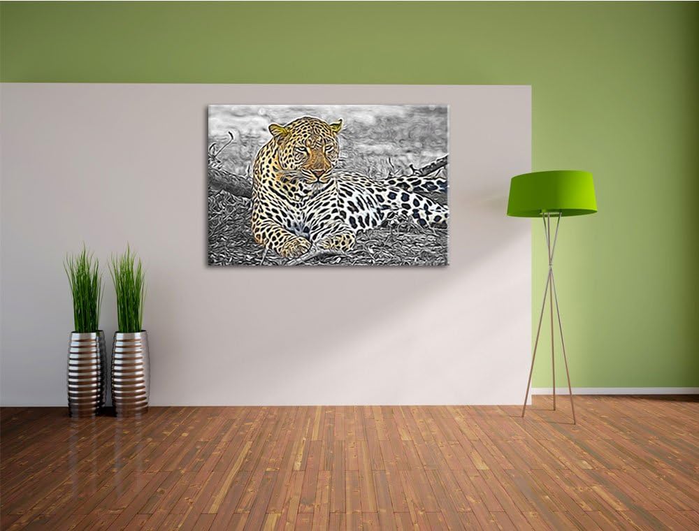schöner Leopard liegt im Laub schwarz/weiss Deluxe Format: 100x70 cm auf Leinwand, XXL riesige Bilde