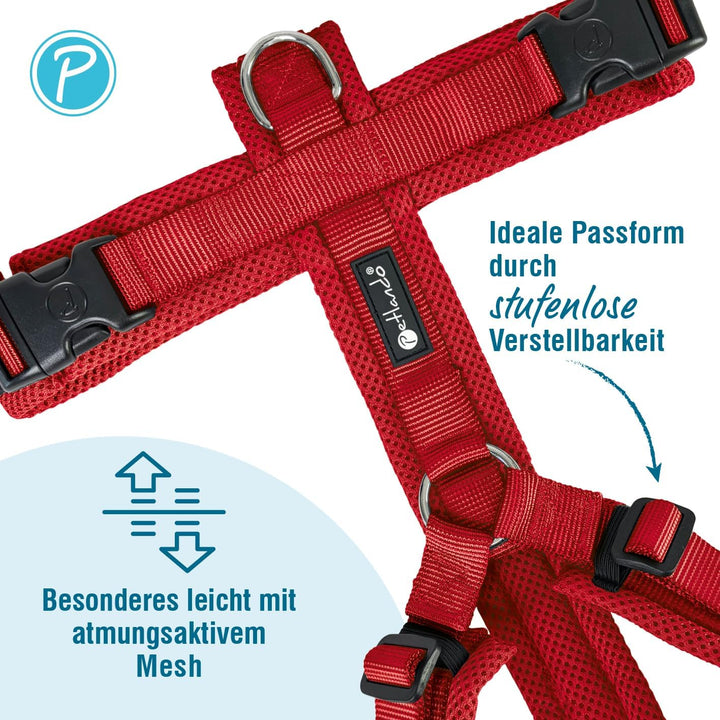 Petlando Hundegeschirr mittelgrosse Hunde, Y-Comfort mit atmungsaktivem Mesh, leicht & robust, Rot M