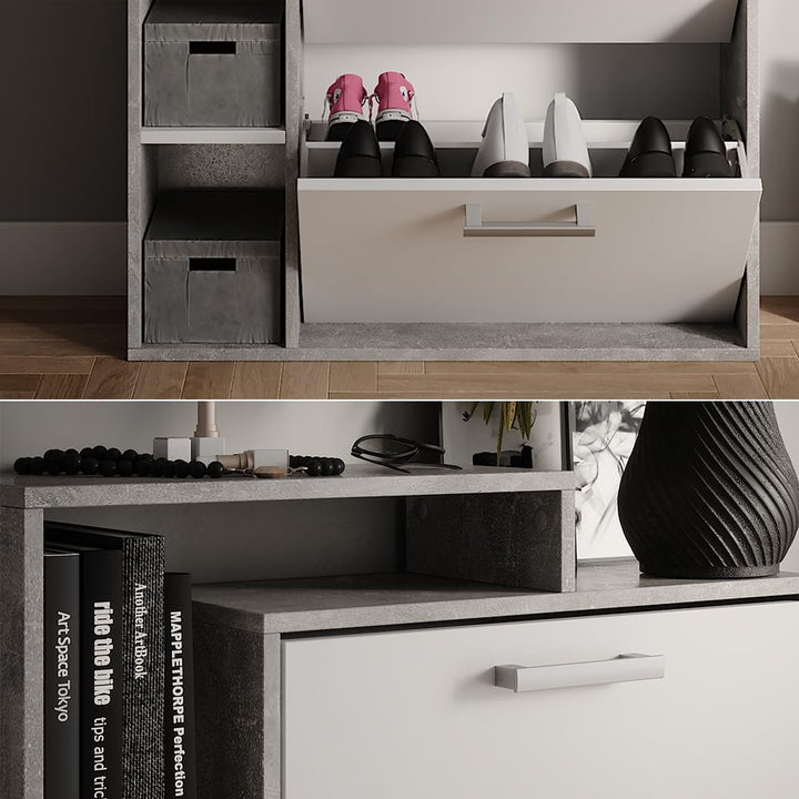 Vicco Schuhkommode Orlando, Schuhregal, Beton, 80 x 128.3 cm mit 3 Fächern Weiss/Beton, Weiss/Beton