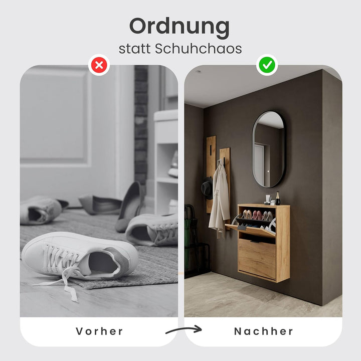 Planetmöbel Schuhschrank schmal inkl. ovaler Spiegel mit Beleuchtung (3 Lichtstufen), Schuhkommode m