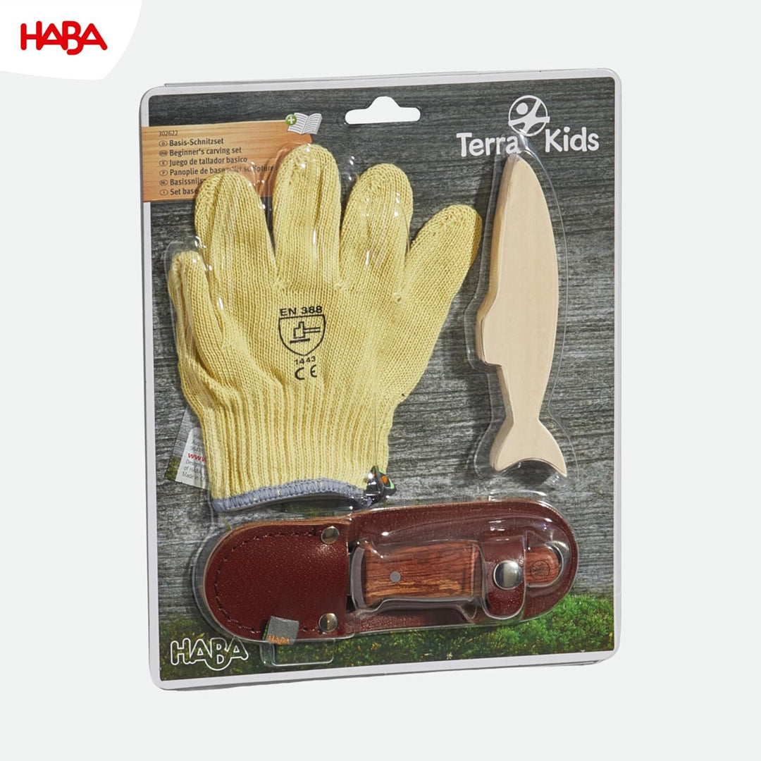 HABA Terra Kids Schnitzmesser – Taschenmesser-Set für Kinder ab 6 Jahren – inkl. Handschuhen, Schnit