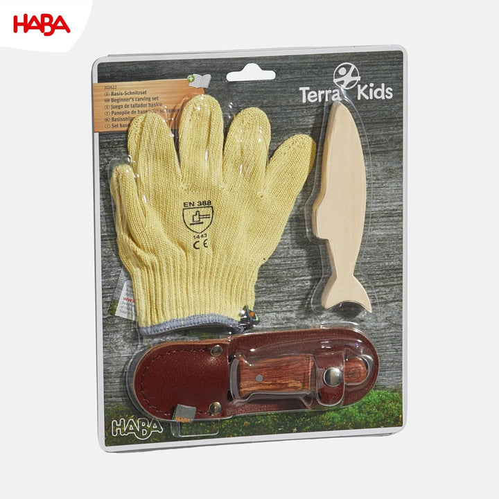 HABA Terra Kids Schnitzmesser – Taschenmesser-Set für Kinder ab 6 Jahren – inkl. Handschuhen, Schnit