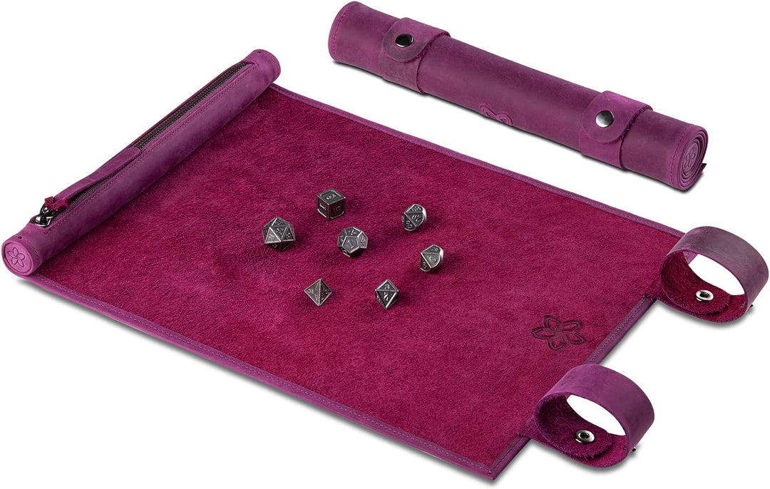 Melia Games RPG Würfelmatte zum Rollen inklusive Würfel Set - handgefertigte Würfelunterlage aus Ech
