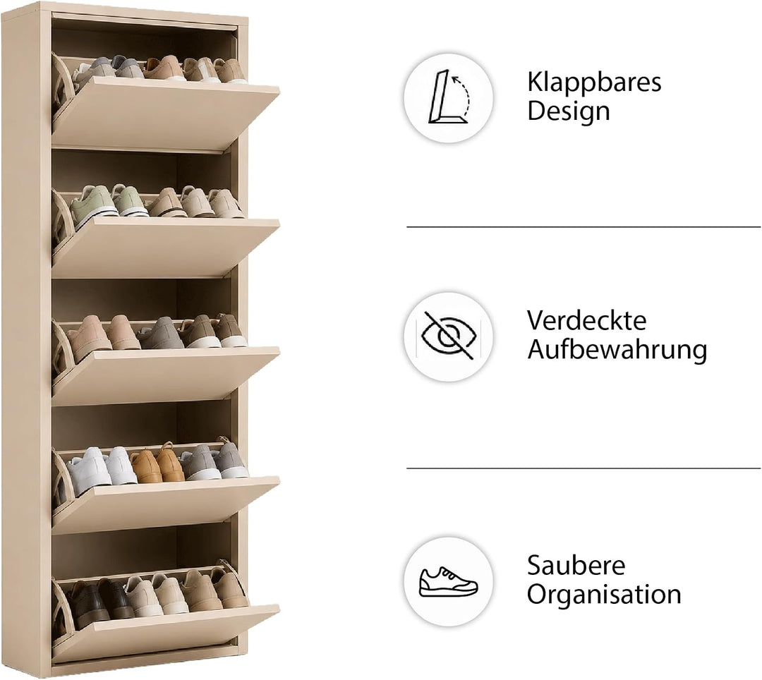 Schuhschrank Schmal, 5 Regale, Metall Schuhkipper mit Magnet-Klappen, Freistehend oder Wandmontage,