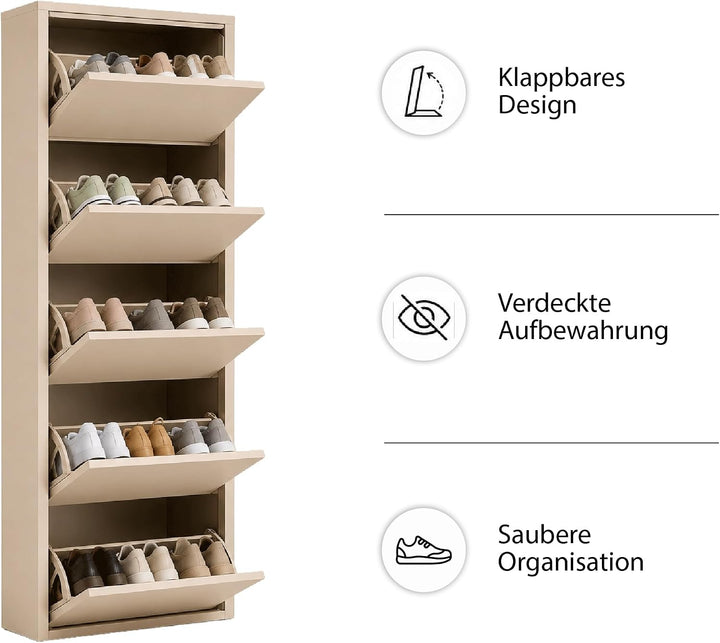 Schuhschrank Schmal, 5 Regale, Metall Schuhkipper mit Magnet-Klappen, Freistehend oder Wandmontage,