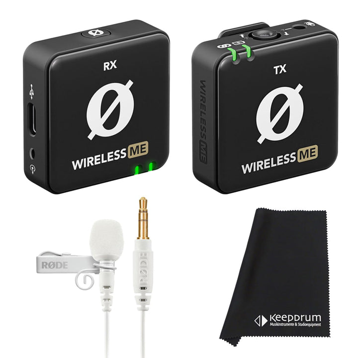 Rode Wireless ME Drahtlos Mikrofon-System + Lavalier GO Mikrofon Weiss + keepdrum Mikrofasertuch WiM