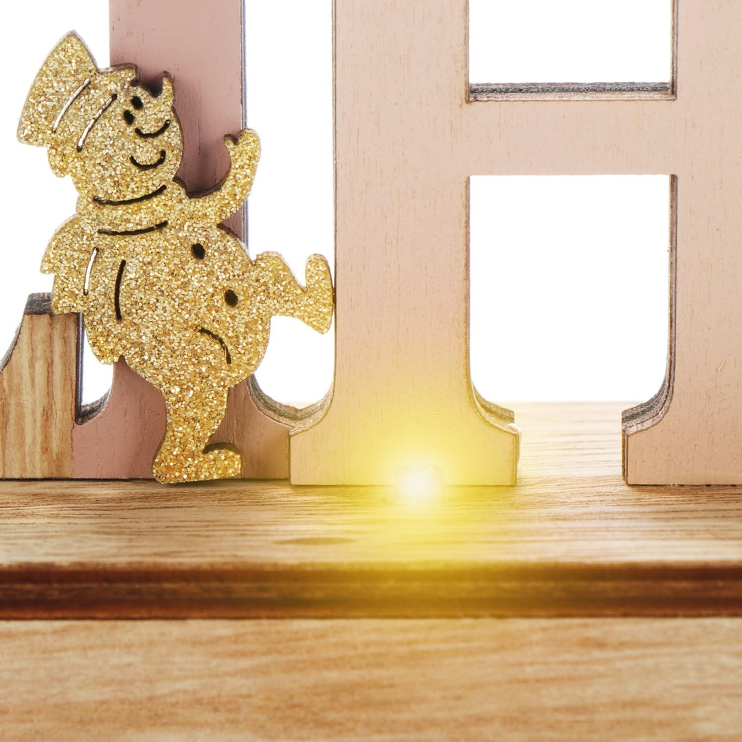 com-four® LED Deko Aufsteller aus Holz - beleuchteter Schriftzug auf Holzsockel - Deko-Schriftzug zu