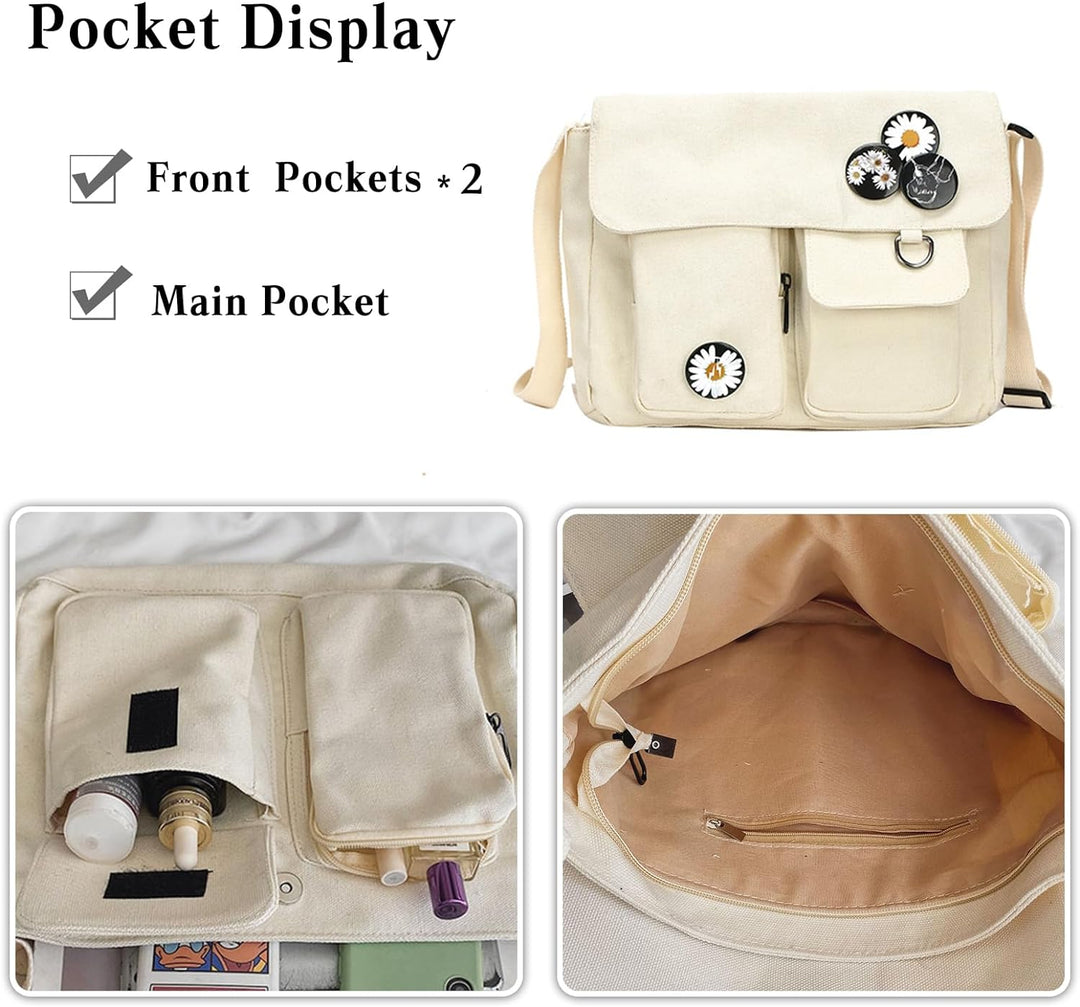 PORRASSO Casual Umhängetasche Damen Canvas Schultertasche Mädchen Messenger-Tasche für Arbeit Schule