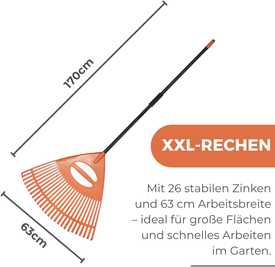 XXL Laubrechen mit Schraub-Metallstiel – 26 Zinken, 63 cm Arbeitsbreite – Grosser Gartenrechen Laubg