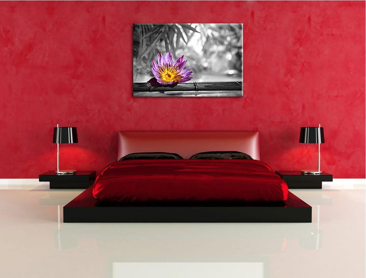 zarte Seerose auf Bambus schwarz/weiss Format: 100x70 auf Leinwand, XXL riesige Bilder fertig gerahm