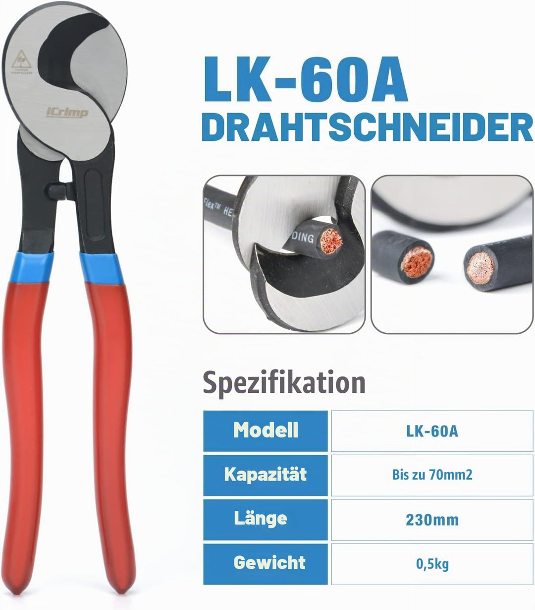iCrimp Batteriekabelschuh Crimpzange Set, Kabelschuhzange für Robuste Kupferschuhe und Flachstecker,