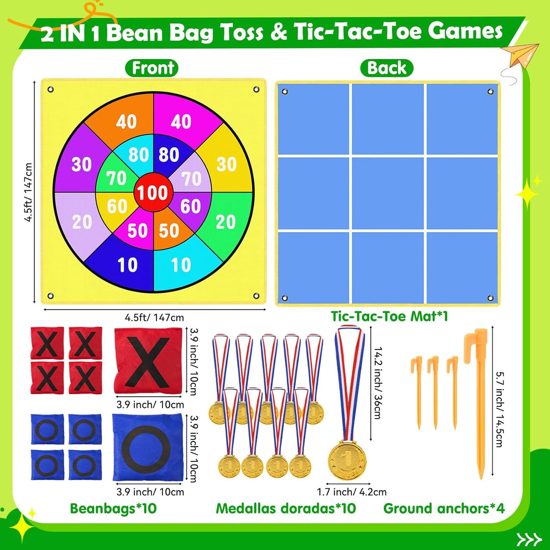 2-in-1 Riesen Tic Tac Toe & Beanbag-Wurfspiel für Kinder und Erwachsene – 1,47 m mit 10 Sandsäcken,