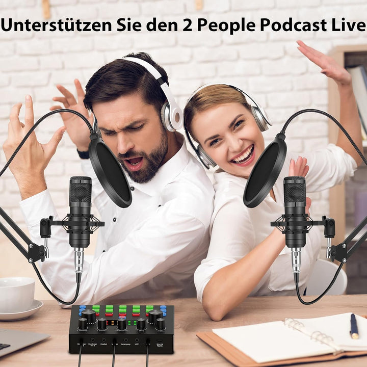 Podcast-Ausrüstungspaket für 2, Audio-Interface mit Sprachumschalter-Kondensatormikrofone für Gamer,