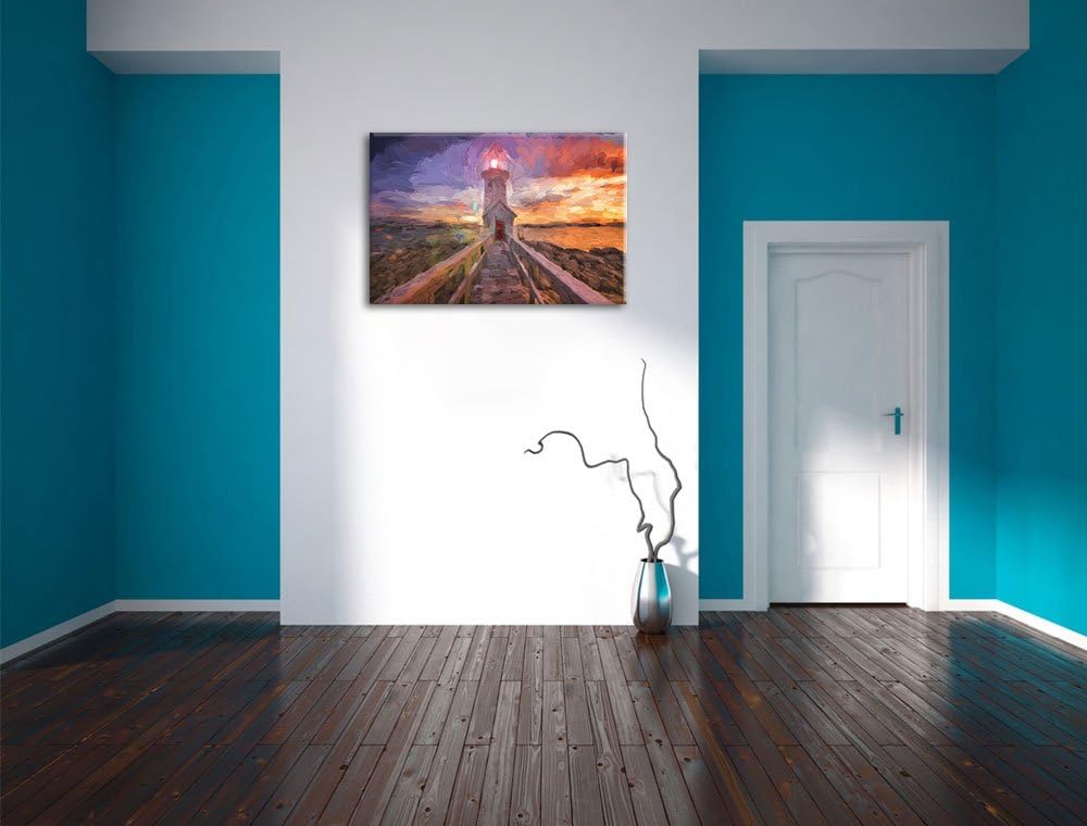 Pixxprint Leuchtturm bei Sonnenuntergang Pinsel Effekt, Format: 100x70 auf Leinwand, XXL riesige Bil