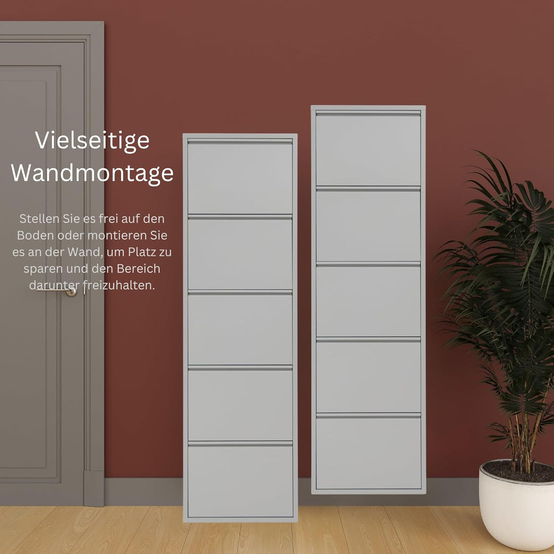 furni24 Schuhschrank, 5 Klappen, Metall, 10–14 Paar, wandmontierbar, vormontiert – Grau 5 Klappen Gr