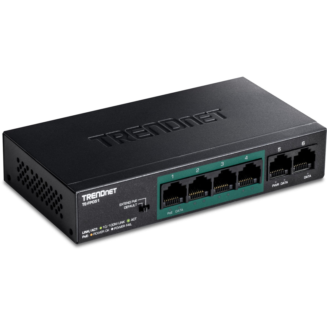 TRENDnet TE-FP051 5-Port Unmanaged Fast Ethernet PoE + -Schalter mit grosser Reichweite, 4 x PoE + -