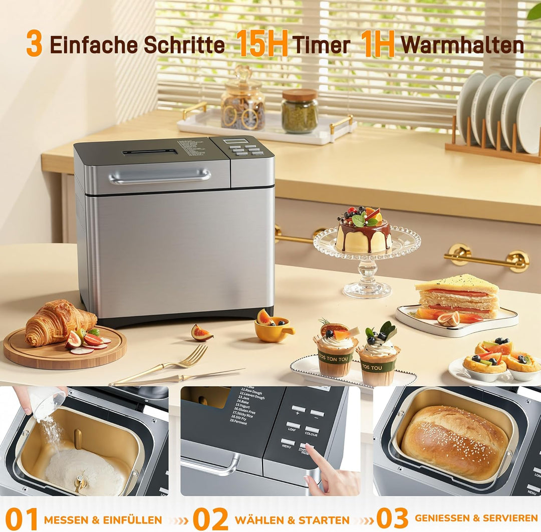 JUMMICO 19-in-1 Brotbackautomat mit automatischer Beigabe & Edelstahl-Gehäuse | 1kg Kapazität (3 Grö