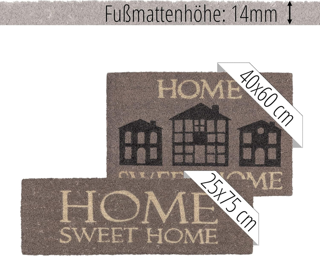 Rutschfeste Kokosmatte - Fussmatte Home Sweet Home grau 40x60cm (Rechteckig) Home Sweet Home Grau 40