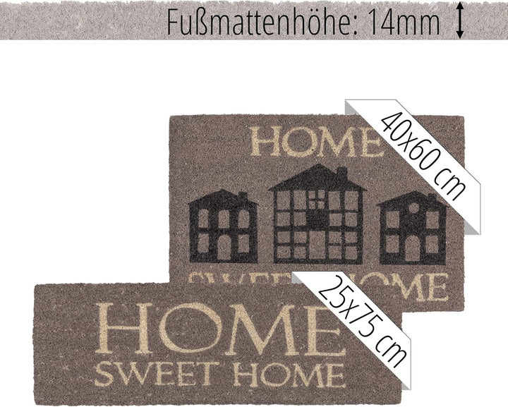 Rutschfeste Kokosmatte - Fussmatte Home Sweet Home grau 40x60cm (Rechteckig) Home Sweet Home Grau 40