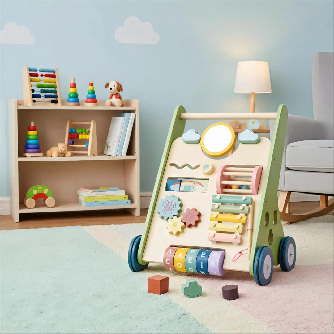 11 in 1 Lauflernwagen Holz Baby Lauflernhilfe mit Rädern, Montessori Aktivitätszentrum Set Baby Walk