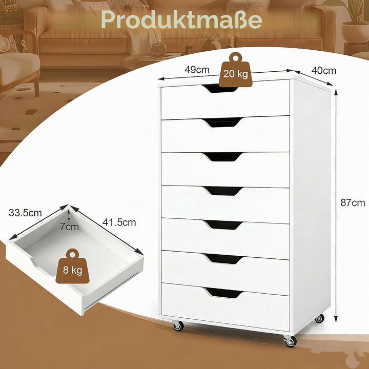 GIANTEX Rollcontainer mit 7 Schubladen, Aktenschrank mit Rollen, Schubladenschrank Holz unter Schrei