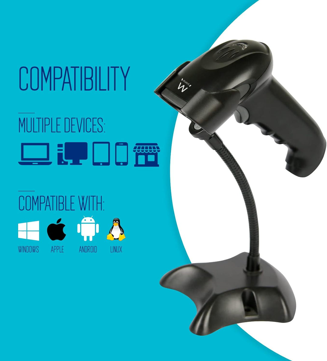 Ewent EW3431 Drahtloser 1D- und 2D-Barcode-Leser, kabelgebundener USB-Barcode-Leser, drahtloser Barc