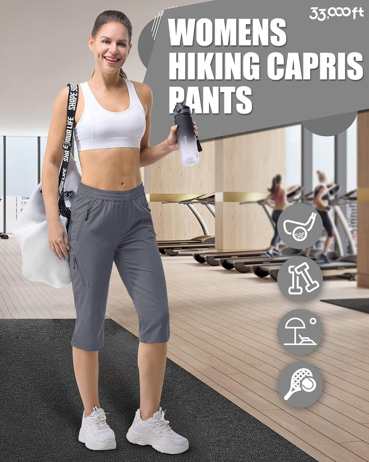 33,000ft Damen 3/4 Hose Capri Wanderhose Stretch Leichte Radhose Taschen Sommer Outdoor Golf Hose 34