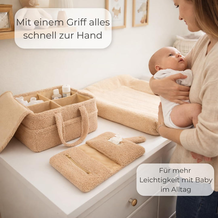 TALIDA Wickelkorb Teddy Set - Wickelorganizer mit Zubehörtasche – Aufbewahrungskorb für Feuchttücher