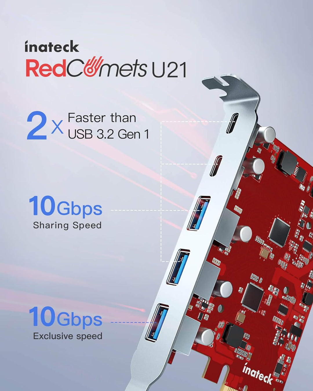 Inateck RedComets U21, PCIe zu USB 3.2 Gen 2 Karte mit insgesamt 16 Gbps Bandbreite, 3 USB Typ-A und