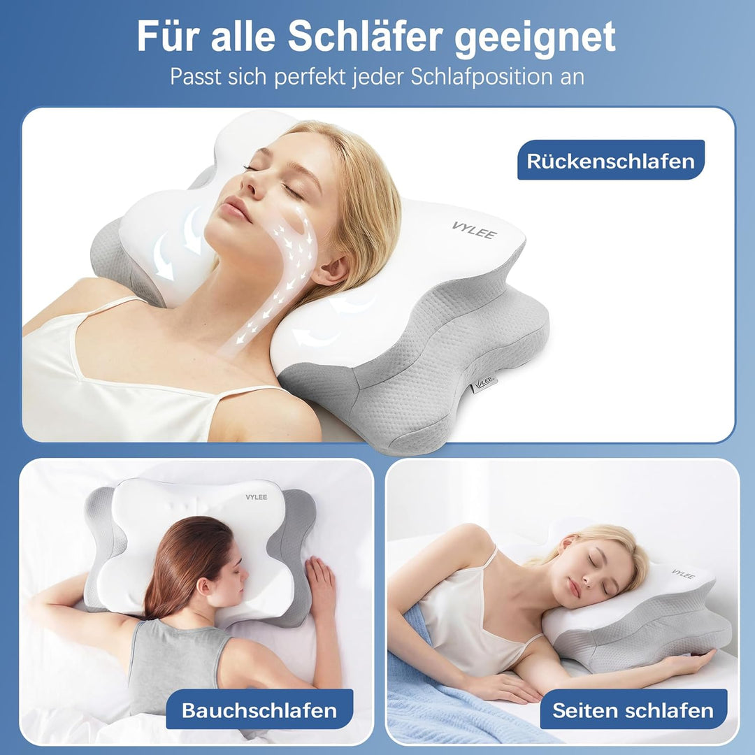 VYLEE Ergonomisches Nackenkissen Memory Foam Kopfkissen für Rücken-, Seiten- und Bauchschläfer, Schl