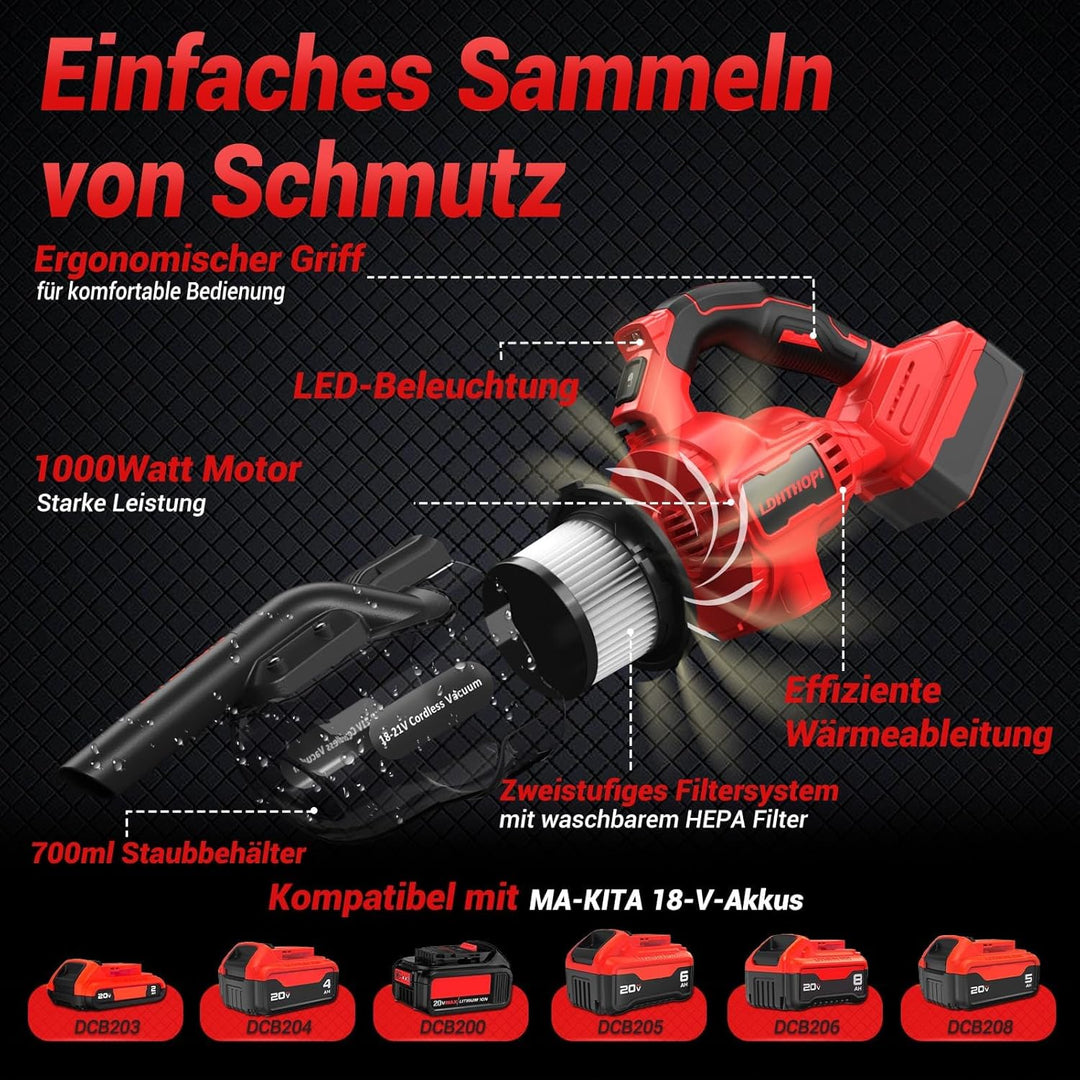 LDHTHOPI Akku Staubsauger für Makita 18V,20000 Pa Starke Saugleistung,1,28 kg Leichter Staubsauger m