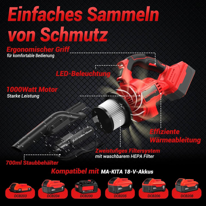 LDHTHOPI Akku Staubsauger für Makita 18V,20000 Pa Starke Saugleistung,1,28 kg Leichter Staubsauger m