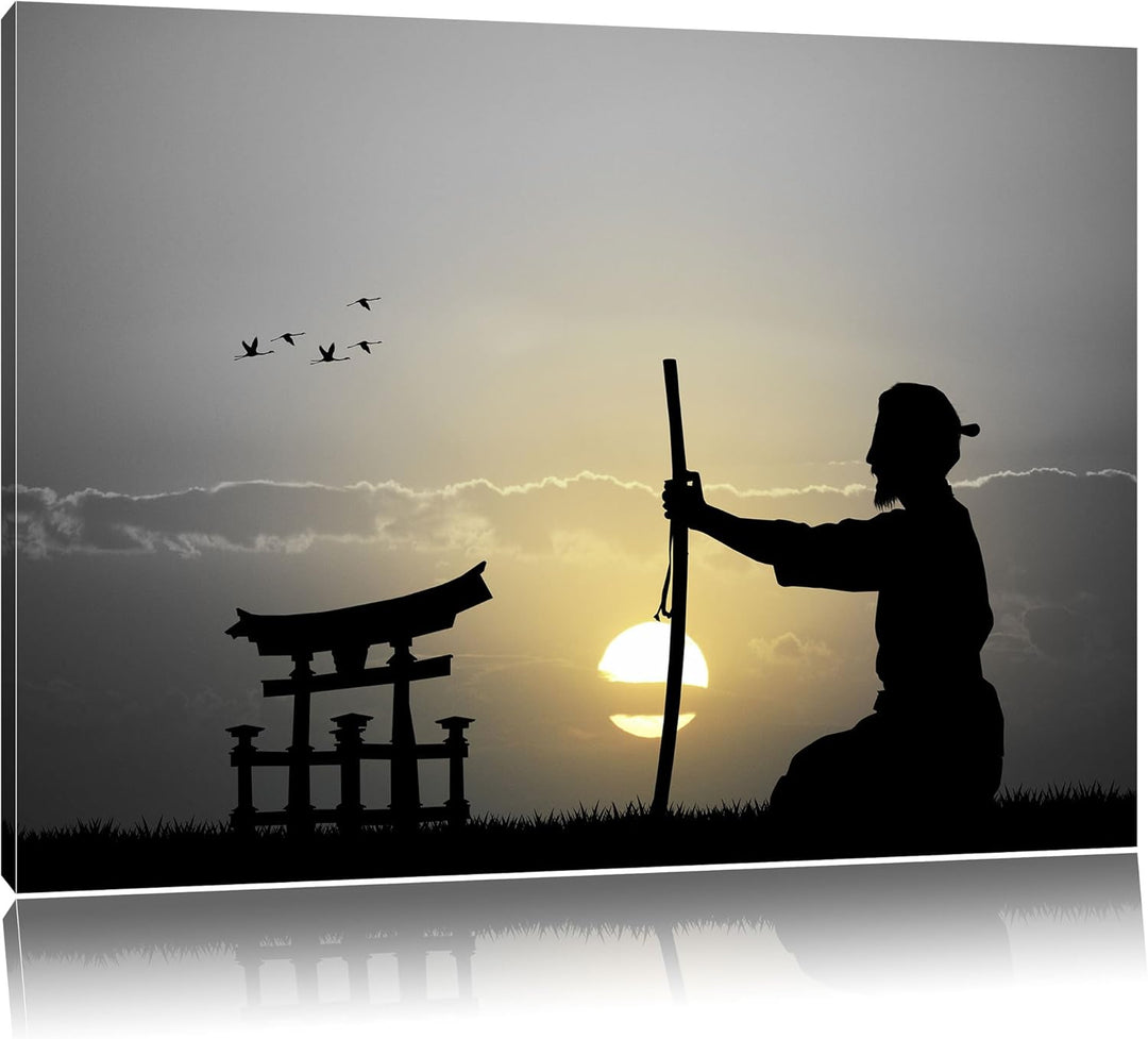 Pixxprint Alter Samurai-Meister vor Horizont B&W Detail, Format: 100x70 auf Leinwand, 100x70
