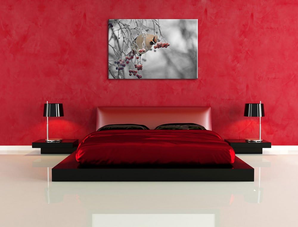 Pixxprint Kleiner Vogel im Vogelbeerbaum Schwarz/Weiss, Format: 100x70 auf Leinwand, XXL riesige Bil