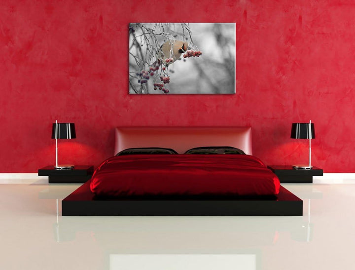 Pixxprint Kleiner Vogel im Vogelbeerbaum Schwarz/Weiss, Format: 100x70 auf Leinwand, XXL riesige Bil