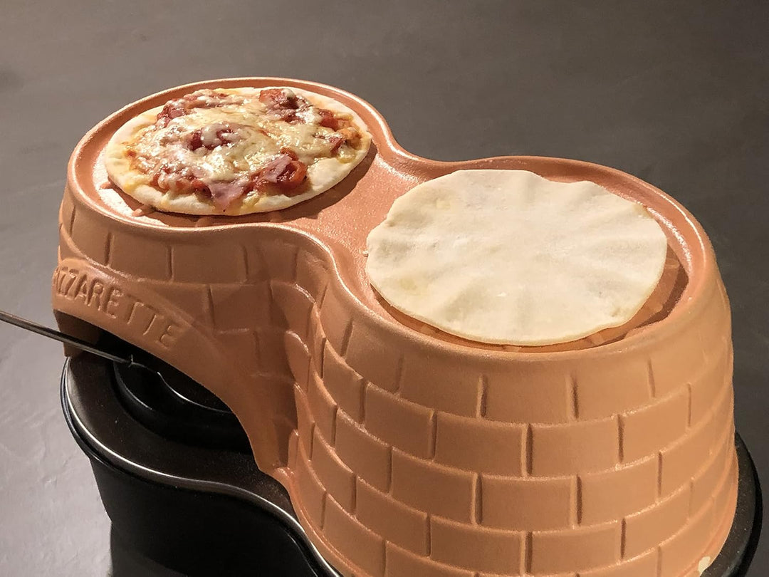 Emerio Pizzaofen, PIZZARETTE Duo das Original, handgemachte Terracotta Tonhaube, neues PRE-BAKE Desi