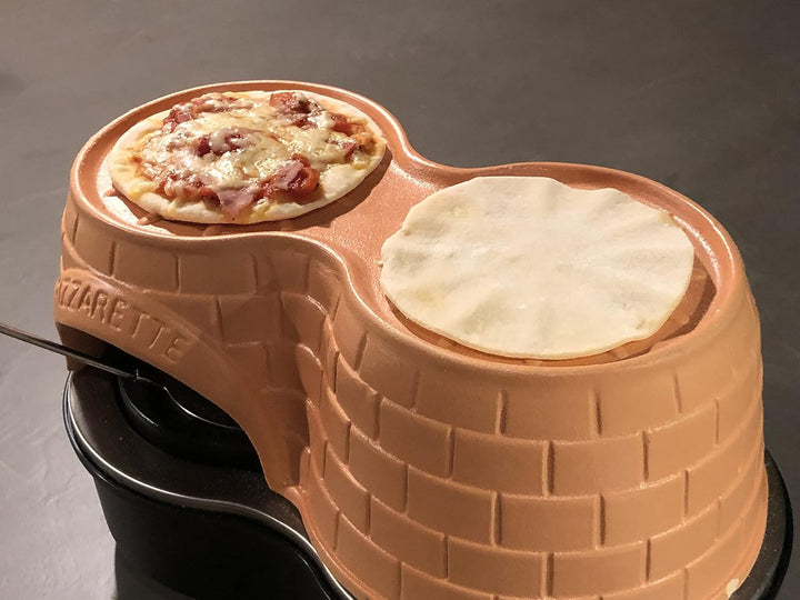 Emerio Pizzaofen, PIZZARETTE Duo das Original, handgemachte Terracotta Tonhaube, neues PRE-BAKE Desi
