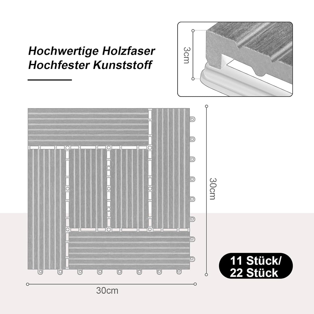 Laneetal WPC Fliesen 22er Set für 2 m², Balkonfliesen 30x30 cm, Terrassenfliesen Klicksystem, Klickf