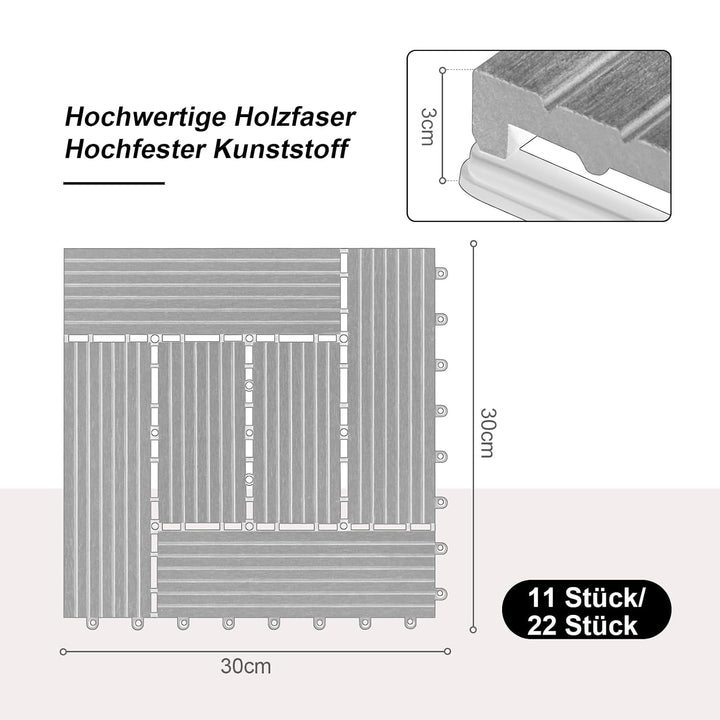 Laneetal WPC Fliesen 22er Set für 2 m², Balkonfliesen 30x30 cm, Terrassenfliesen Klicksystem, Klickf