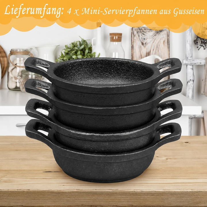 4er Set Mini Gusseisen Grillpfännchen, 11 cm Kleine Servierpfanne mit Griff, Rund Preseasoned Gussei