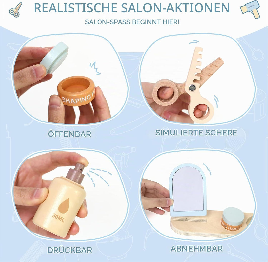 Holz Friseur Spielzeug für Kinder mit Haartrockner, Glätteisen, Kamm, Spiegel und Aufbewahrungstasch