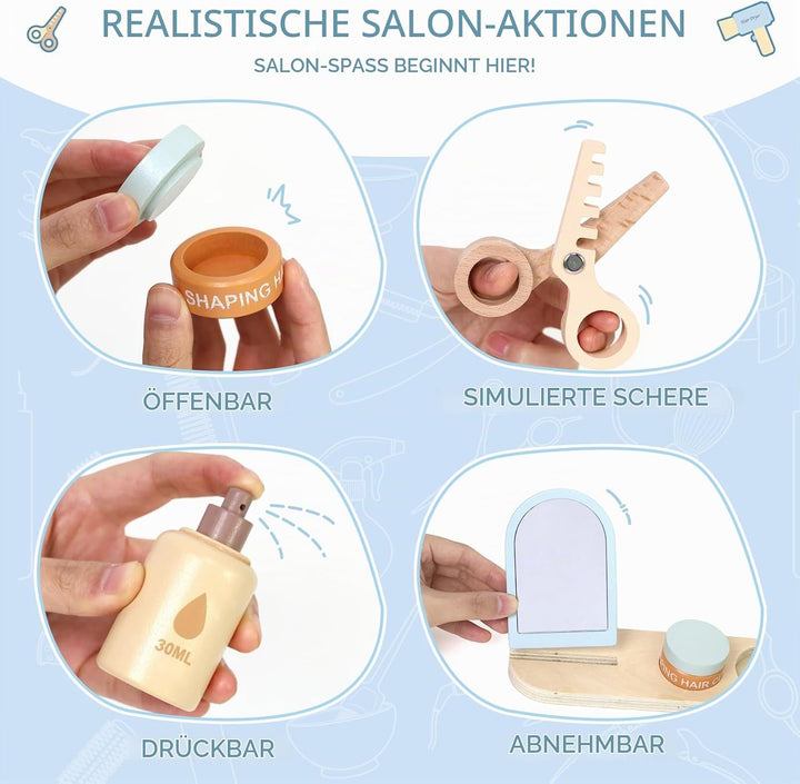 Holz Friseur Spielzeug für Kinder mit Haartrockner, Glätteisen, Kamm, Spiegel und Aufbewahrungstasch