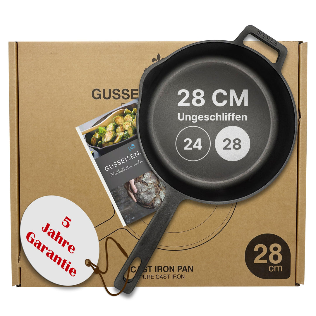 Ottia reine Gusseisenpfanne Induktion 28cm (ungeschliffen), kratzfest, frei von PFOAS und co, inkl e