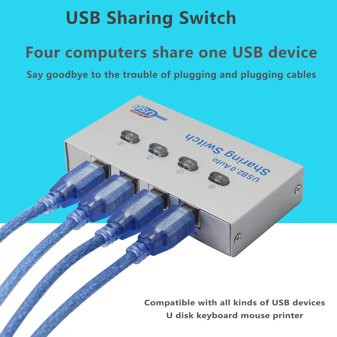 SinLoon Drucker-Splitter, USB-Drucker Sharing Switch, 4 Ports, 4 PC Share 1 USB-Gerät, High-Speed Sh