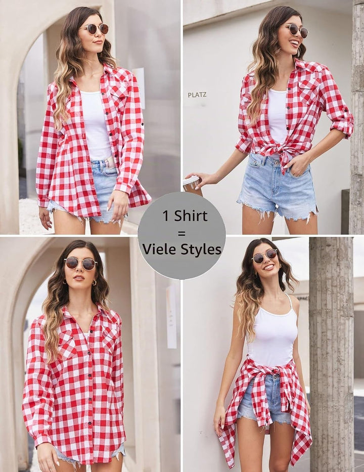 UNibelle Damen Karierte Hemd Langarm Trachtenbluse Oktoberfest Bluse Karo Hemdjacke Baumwolle Hemdbl