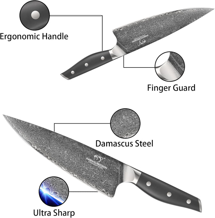 NANFANG BROTHERS Damascus Kitchen Knife Set 7 Piece with Block, Non-Slip ABS Handle, Ultra Sharp Sta