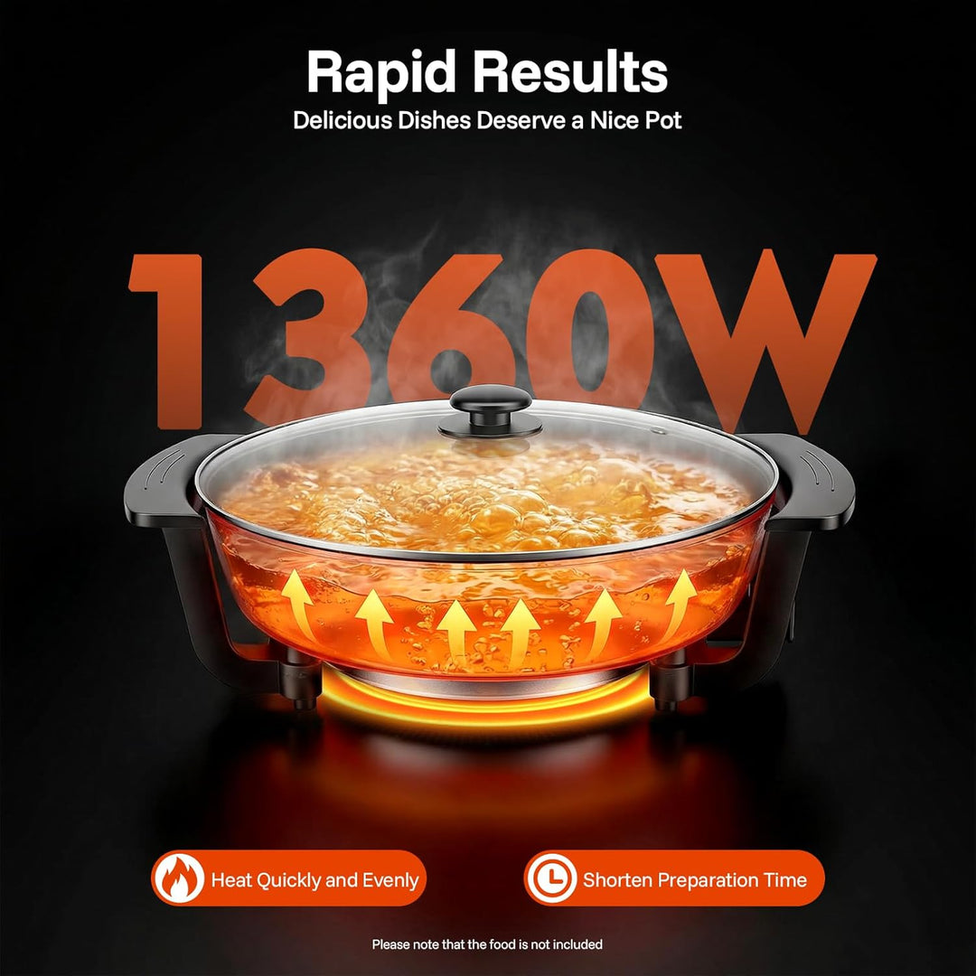 Elektrischer Hot Pot 6 L mit Trennwand, 1360 W und Glasdeckel | Antihaftbeschichteter Aluminiumtopf