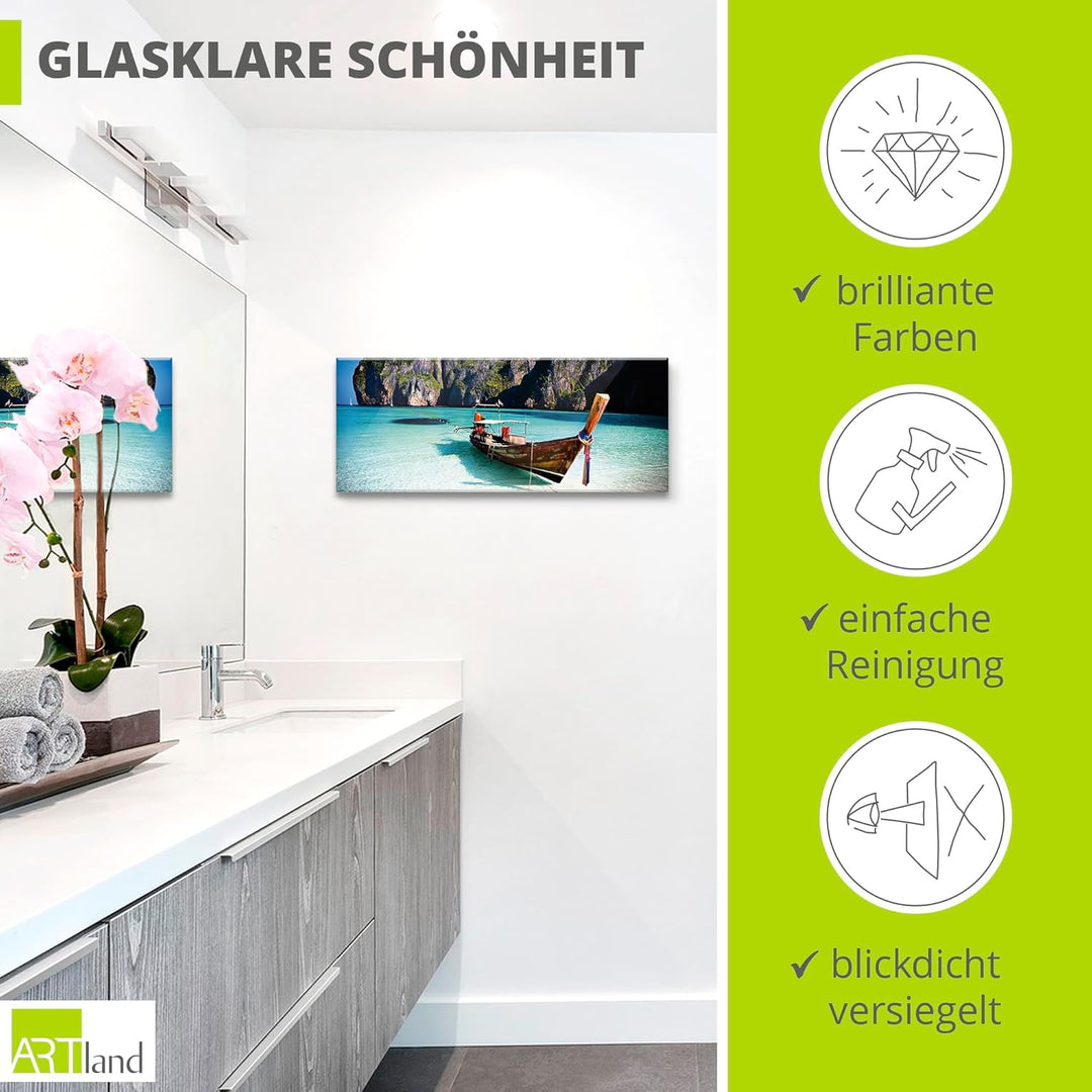 ARTland Glasbilder Wandbild Glas Bild einteilig 125x50 cm Querformat Strand Meer Südsee Boot Thailan