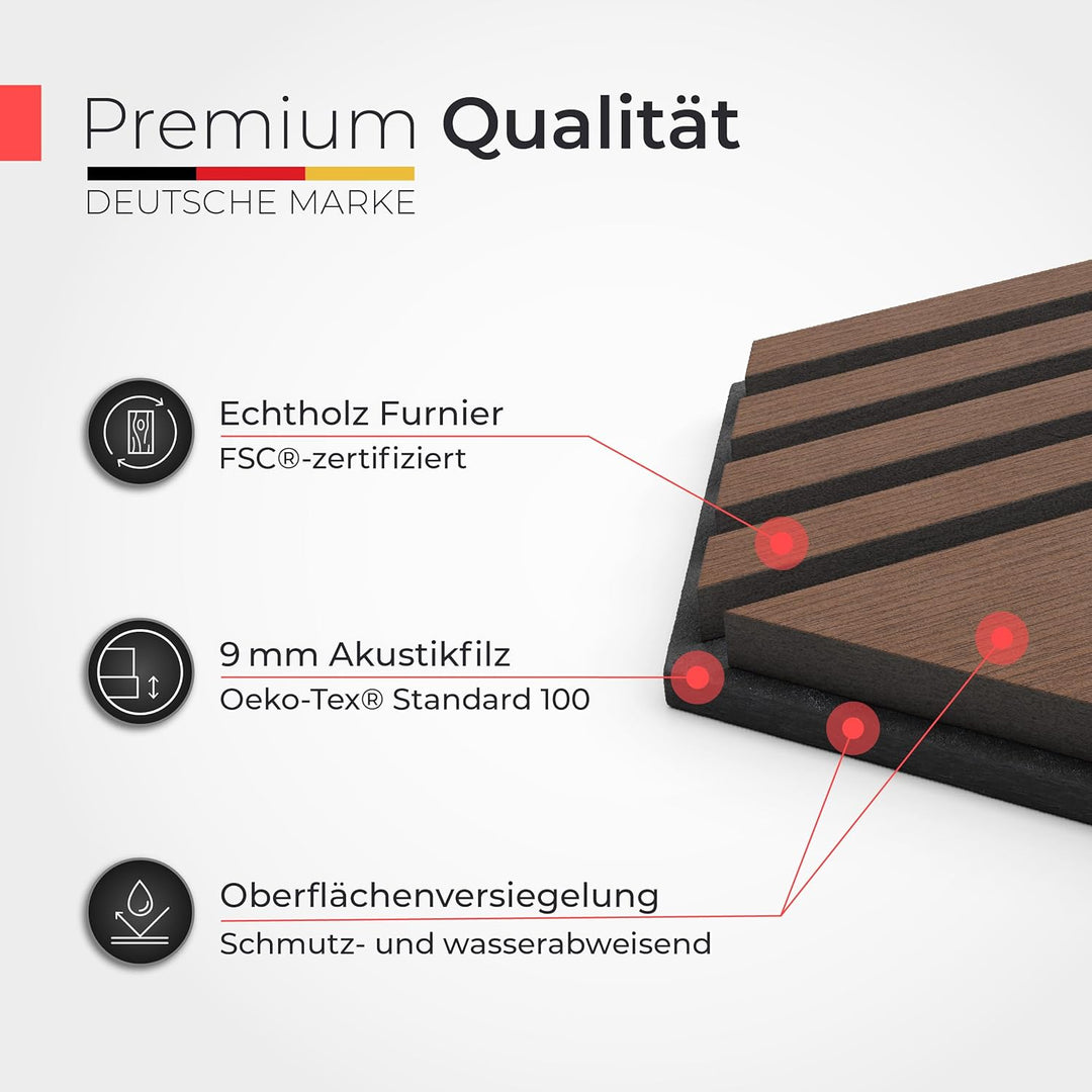 Akustikpaneele Holz selbstklebend – 3er-Set | Echtholz Walnuss & Akustikfilz Schwarz | Hexagon 30x26