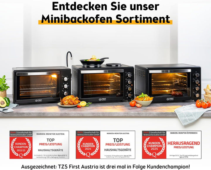 TZS First Austria Minibackofen, 2000 Watt, 60L, mit Innenbeleuchtung, Umluft-Funktion, Drehspiess fü